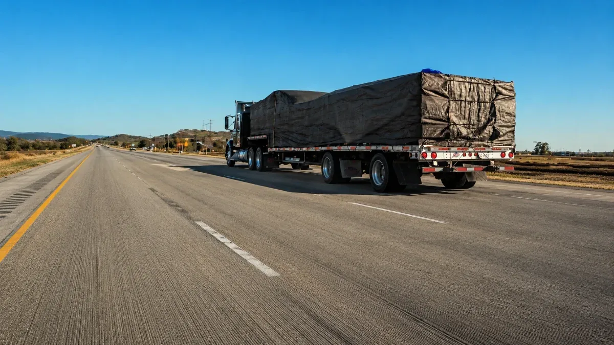 Lightweight citrus tarp covering a flatbed agricultural load