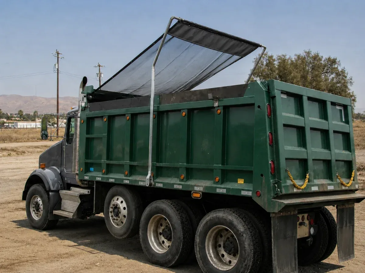 Dump truck with custom mesh dumpster tarp system