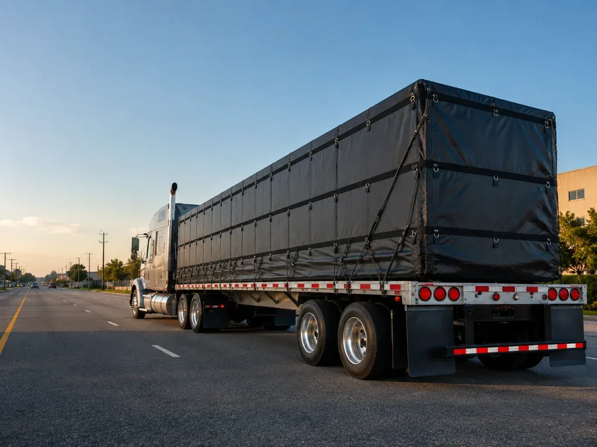 Custom flatbed tarp covering a commercial trailer load