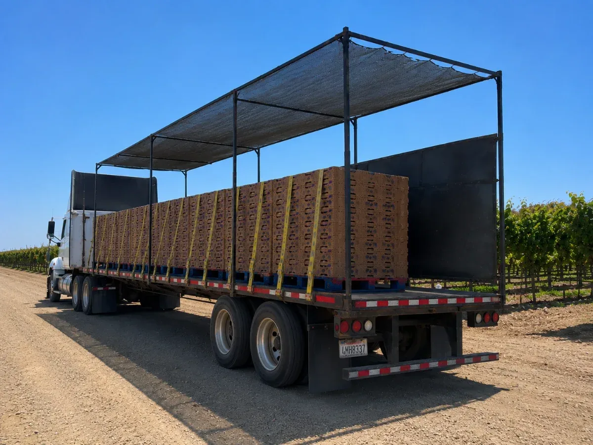Grape harvest trailer with custom shade mesh tarp