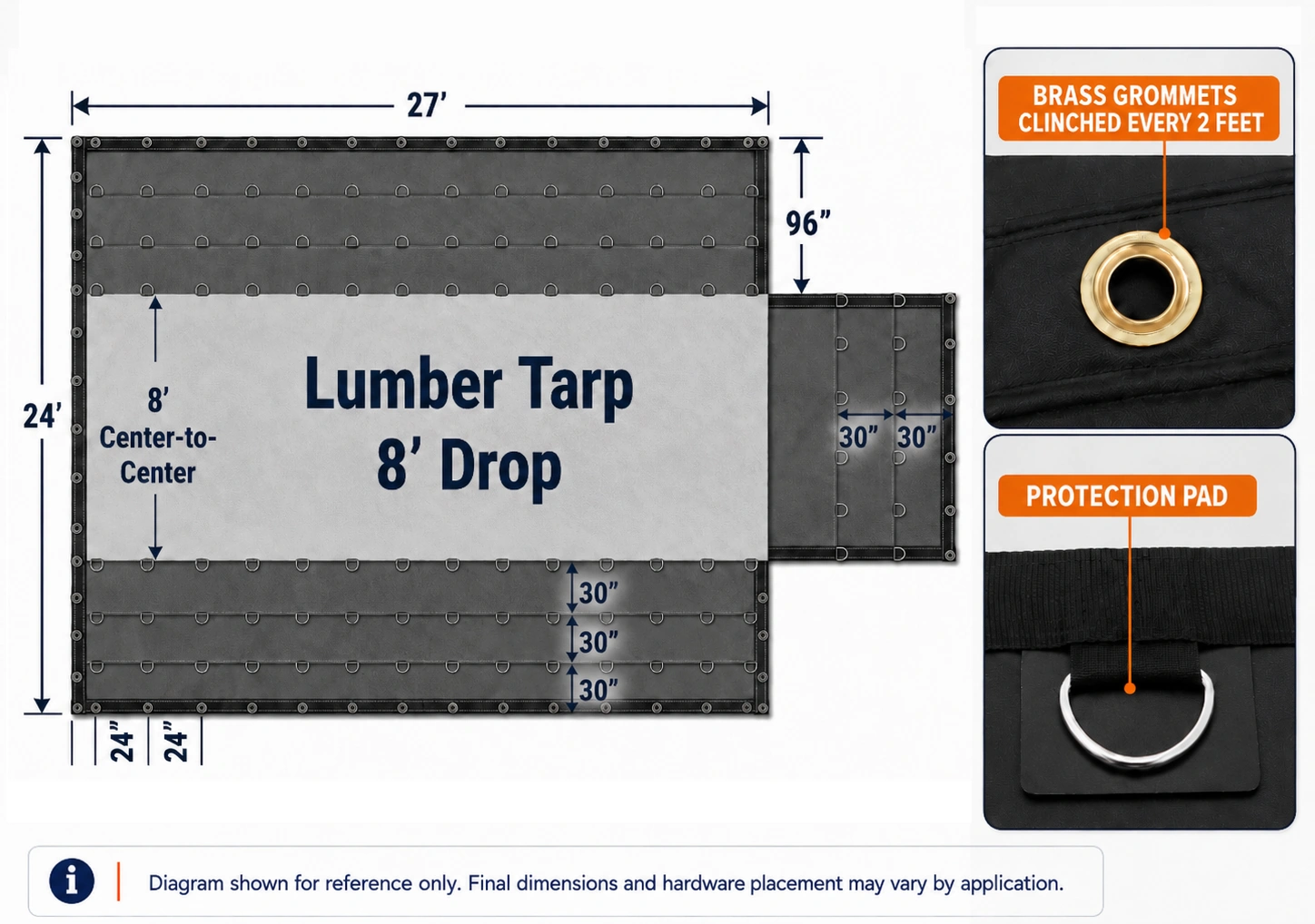 Technical construction diagram for a heavy-duty lumber tarp with an 8-foot drop