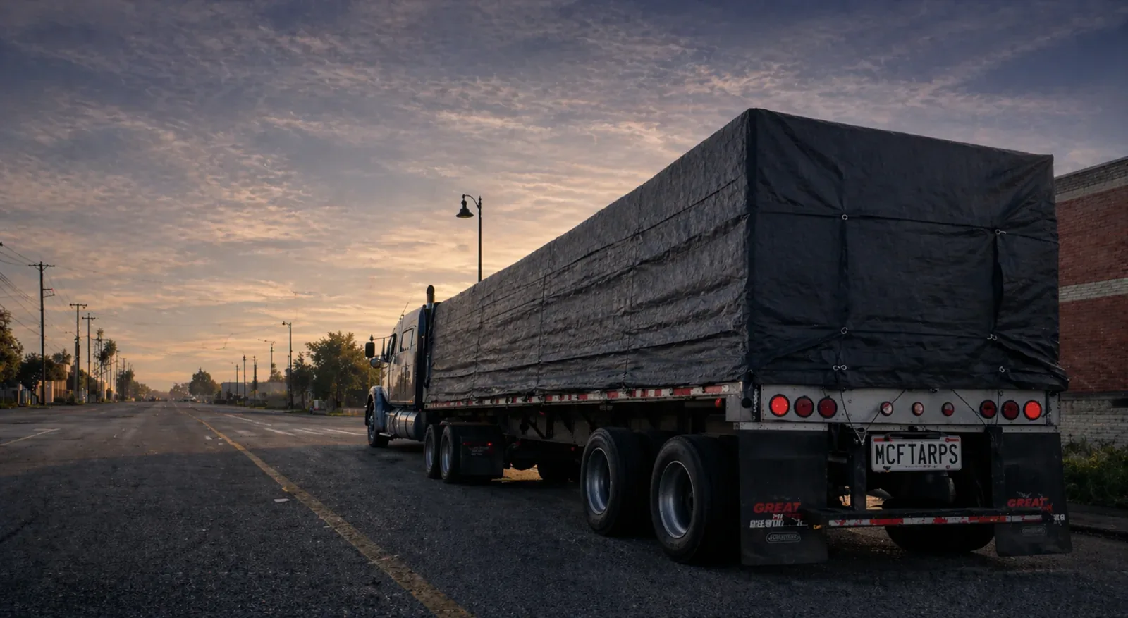 Large dark tarp covering a loaded commercial trailer