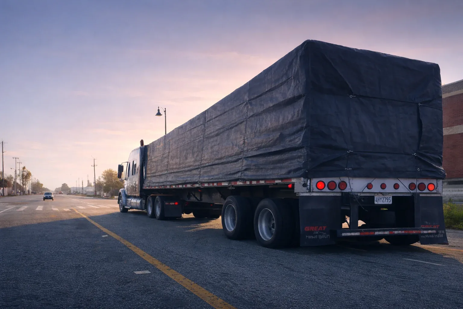 Heavy-duty black tarp fabricated over a commercial flatbed trailer