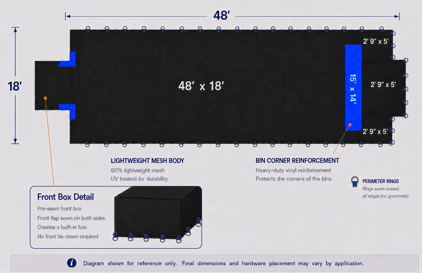 Technical construction diagram for a 48-foot lightweight citrus tarp
